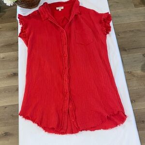 Umgee Red Frayed Button-Down Shirt